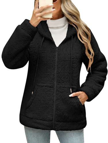 Yuson Girl Veste Polaire Femme Zippé Chaud Teddy Décontracté Sweat a Capuche Sherpa Sweatshirt en Peluche Épaissir Outwear Cardigan Manteau Hiver Peluche Blouson avec Poches(Noir, M)