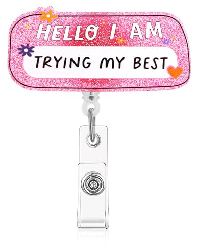 Badge Reel Nurse I'm Trying My Best Funny Badge Reel Retractable Funny Pink Acrylic Reels Cute Pink Nurse Id Name Tag Badges Holder with Alligator Clip for Doctor Medical Worker Nursing Teacher