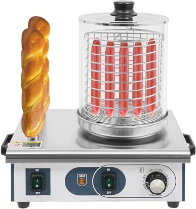 TONFEION 550W Hot Dog Maker, 6L Bockwurstwärmer mit 2 Heizspießen, Edelstahl Würstchenwärmer Brotchenwärmer, Gewerblicher Hot Dog Maschine 50-300℃, Profi Würstchenkocher Glaszylinder & Edelstahlkäfig