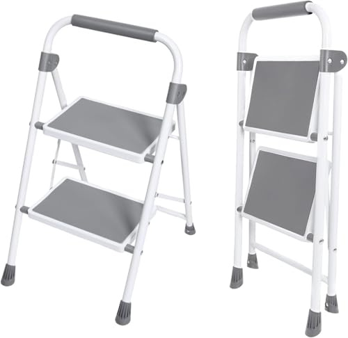 Simple Deluxe 2 Step Ladder, Portable Stool with Wide Non-Slip Pedal, Foldable Step Stool Lightweight for Home Kitchen and Outdoor, Gray