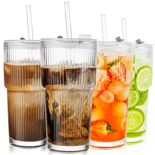KUOGAS 4 st 600ml räfflade glas med lock och sugrör, tjockväggade ribbade kaffeglas, lufttäta och vattentäta smoothieglas, vackra dricksglas perfekt för iskaffe (4)