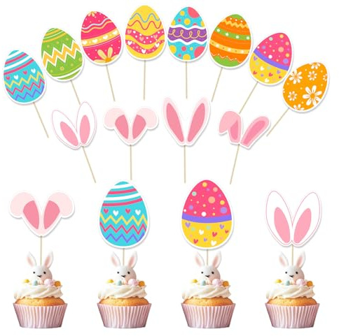 36pcs Easter Cupcake Toppers, 12 Kinds Easter Cake Topper Decorations, Paper Colorful Easter Eggs Bunny Ears Cake Topper Decor, Single Sided Printing Spring Party Decoration