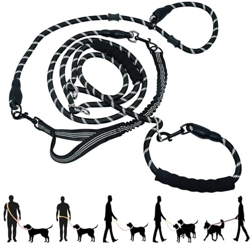 Tiesenci Handsfree Ryckfri Bungee Hundkoppel 4m Svart Stora Hundar | 9-i-1 midja/crossbody, 3 vadderade handtag, reflekterande remsor, trasselfri, glidkoppel, 12 mm nylon