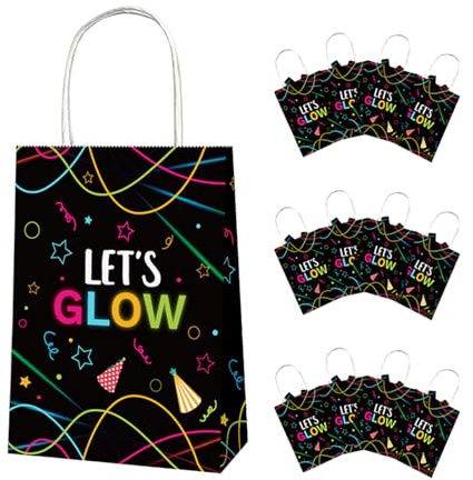 LdawyDE 12 Sacchetti Regalo Neon per Compleanno Bambini, Borse Porta Omaggi Luminosi, Contenitori di Carta Fosforescente con Manico, Sacchetti per Feste di Compleanno, Carnevale con Illuminazione Neon