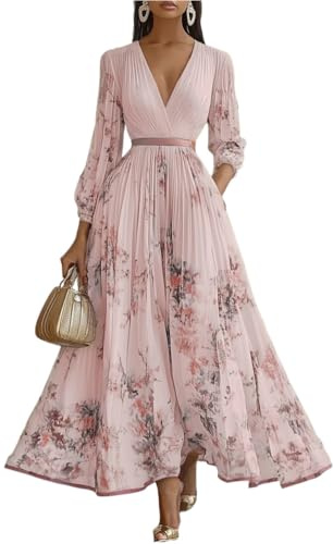 Minetom Donna Vestiti Lunghi da Matrimonio Elegante Collo V Vestito A Pieghe Stampa Floreale Chiffon Abito Maxi Damigella Sera Cerimonia B1 Rosa XL