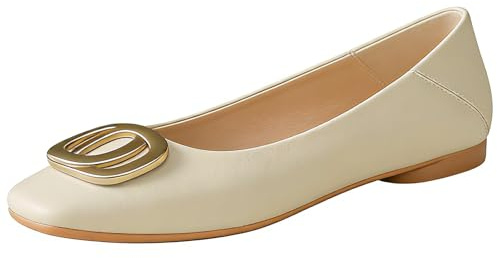 Balettskor för kvinnor fyrkantig tå äkta läder slip-on grund vamp, dubbel ring, metallspänne, bred passform, låg klack, kontor, pendlare, dagliga vardagsskor, BEIgE, 36.5 EU
