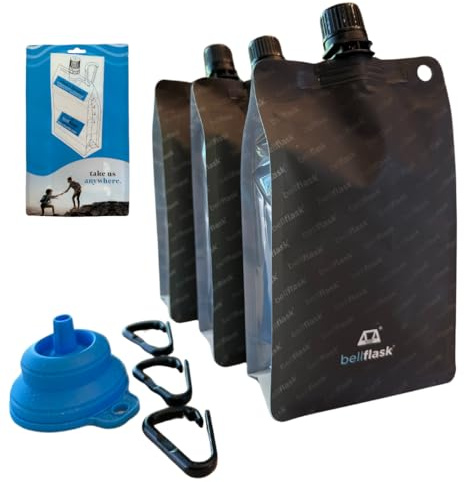 BellFlask - 15 oz. Plastic Flask, Patented, Flexible, Metal-Free, Reusuable, BPA-Free with Carabiner Clip and Filling Funnel