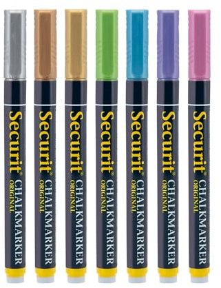 SECURIT - Set Da 7 Pennarelli A Gesso Liquido Assortiti Metallici - Per Lavagne, Vetro, Metallo, Porcellana, Specchio, Plastica - Punta Fina 1-2mm - Colori Rosa, Verde, Blu, Rame, Argento, Oro