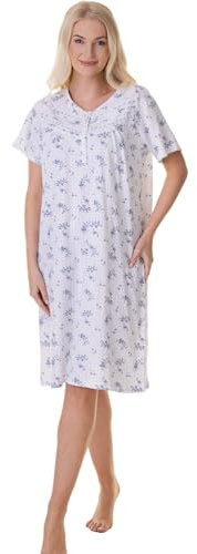 Camille 100% Cotton Short Sleeved Women's Nightie | Knee Length Nightdress | Comfortable & Breathable Traditional Nighty With Buttons | Classic Nightwear with Short Sleeves | Blue 22-24