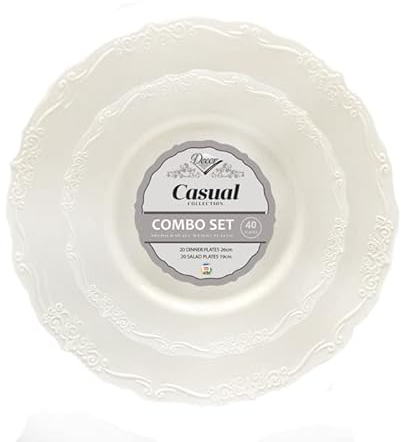 Decorline- Elegantes Mehrweg Creme Teller Set - Wiederverwendbar Casual Kollektion -Hochwertiges Vintage Geschirr- China Look - Geschirr Set für Alle Gelegenheiten - 40 Teile
