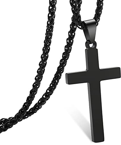 RS Black Cross Necklace for Men Boys Stainless Steel Pendant Chain Religious Christian Baptism Catholic Confirmation Jewelry Gifts Teenage Son Him Teen