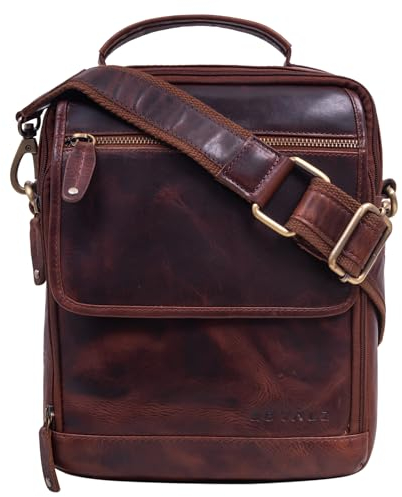 ROYALZ 'Tennessee' Handliche Echtleder Herrentasche zum Umhängen - Kleine Leder-Tasche Herren Umhängetasche Männerhandtasche im Vintage Design für Tablet 11 Zoll, Farbe:Roma Cognac Braun