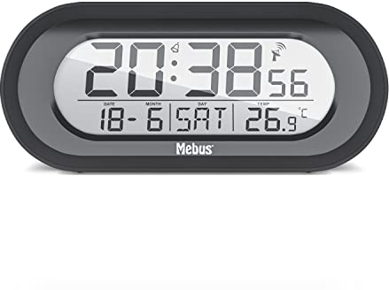 Mebus Funkwecker mit Temperaturanzeige, digital, Funkuhr, Weckfunktion mit Snooze, Displaybeleuchtung, Kalender, Innenthermometer, Zeitzonen, Farbe: Schwarz, Modell: 25809
