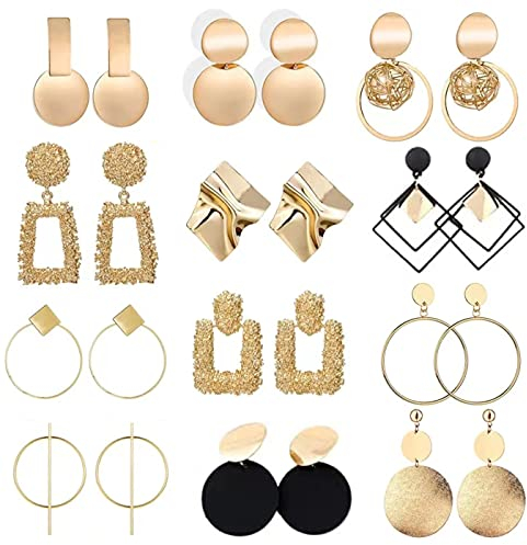 12/15 Paar Statement Ohrringe für Damen Mädchen Geometrische Metallic Große Ohrringe Set Stud in Goldfarbe Hypoallergen Plättchen Hängeohrringe Mode Anhänger für Frauen (Stil 1)