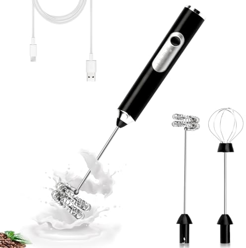 TonJin Electric Double Whisk Milk Frother Handheld Black USB Rechargeable Drink Mixer, 3 Speeds Adjustable Electric Whisk Foam Maker Detachable for Coffee, Lattes, Matcha, Hot Chocolate