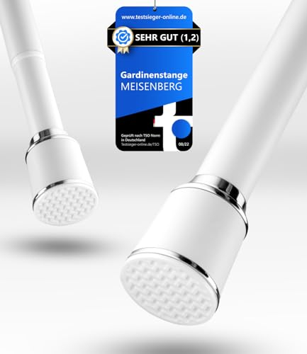 MEISENBERG Teleskopstange Vorhang 370-420cm, Weiß, Ø 32 mm, Gardinenstange ohne Bohren - Duschstange zum Klemmen - Spannstange für Vorhänge, Dusche, Türöffnungen und Kleiderschrank