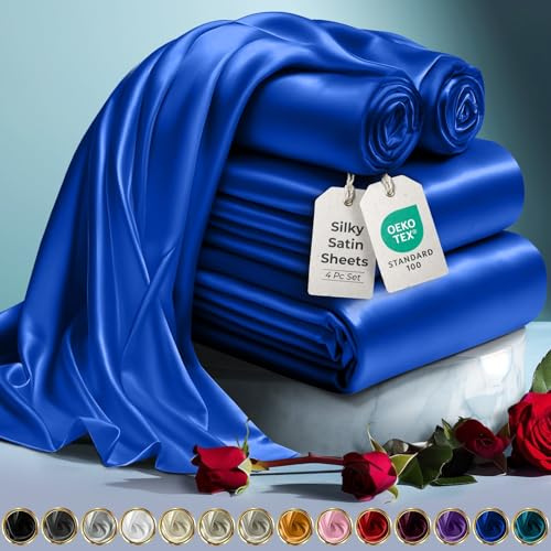 DECOLURE Satin Bed Sheets - 4 Piece Luxury Silky Twin Size Bedding Set - Softer Than Silk, Wrinkle-Free with 15” Deep Pocket Fitted Sheet, Perfect for Hair & Skin, Gifts for Women (Blue)