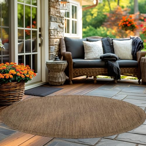 Carpettex In & Outdoor Teppich Wetterfest 160 cm Rund Braun - Sisal Optik Balkon Teppich Waschbar, Wasserfest und Flachgewebe - Ideal als Teppich für Küche, Terrasse, Garten und Camping