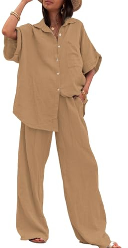 amropi Mujer Conjunto de Manga Corta Botones Camisa y Pantalones Anchos Casual Verano Loungewear Khaki, XXL