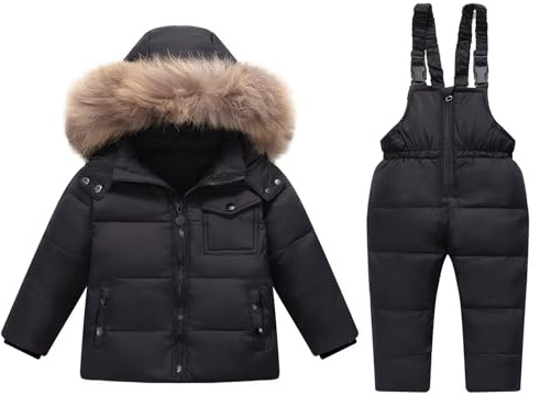 ZYXKTA Baby Snowsuit Toddler Unisex Winter Hooded Duck Down Jacket Coat and Ski Bib Pants Kids Boys Girls Black Warm Snow Suit 3-4T