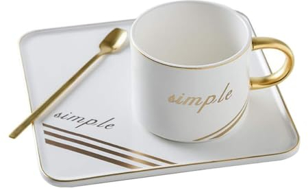 eKsdf Taza de cerámica con platillo de 200 ml, taza de café con asa y borde dorado, taza de café de gres, tazas de café negro, regalo para hombres, mujeres, abuela, papá, mamá, colega, color blanco