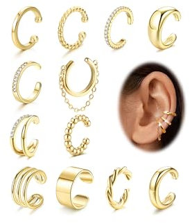 ORAZIO 12 Stück Ear Cuff Gold Set Damen Ohrmanschette Ohrringe Fake Ohrringe Fake Pircings Ohr Earcuffs 18 K Gold Verstellbare Clip Ohrringe Non Piercing Fake Helix Ohrmanschette