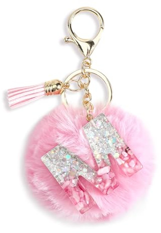Porte-Clés Femme Avec Initiale, Charms Sac, Pendentif Lettre, Pompon Et Pompon, Porte Clé Personnalisé Bijou De Sac, Cadeau Collège Femme, Bijou De Sac à Main, Porte-Clés Pour Fille (M)