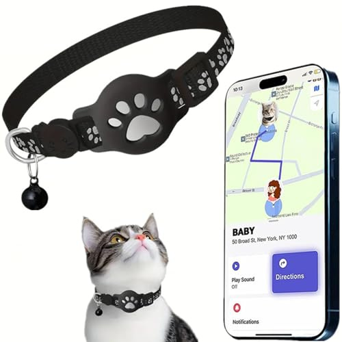 Collier GPS Chat, Traceur GPS Chat Tracker, sans Abonnement Mensuel, Pas De Sim, Localisation Temps Réel, Alerte Intelligente Anti-Perte, Compatible avec Apple/Android Find My(Black a,iOS Only)