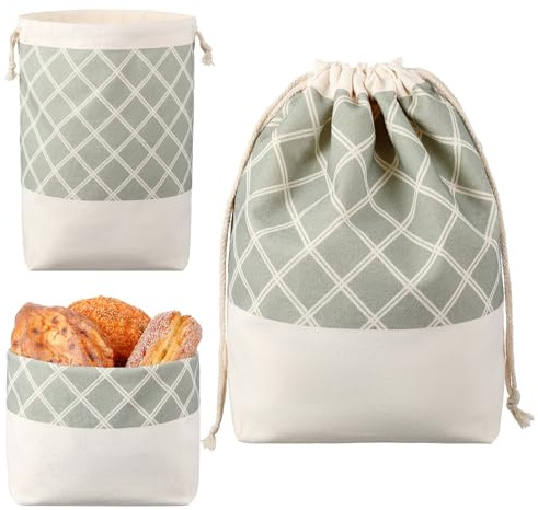 Xuniea Bolsa de Pan 3 en 1 para Guardar y Mantener Pan Fresco Panera de Tela Bolsa de Pan de Algodón con Cordón para Almacenamiento Reutilizables(Estampado Cuadros Verdes)