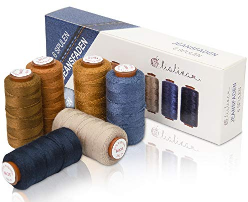 Lialina Jeansgarn für Nähmaschine [6 x 150m] - Nähte wie im Original - Jeans Nähgarn Set extra stark Nr. 36 - Jeansfaden für Nähmaschine - 100% Polyester