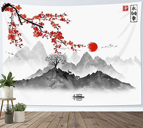LB Arazzo Giapponese Arazzo da Parete Fiore di Ciliegio Rosso e Sole Telo da Parete Montagna Nera Grigia Arte Muraria per Soggiorno Camera da Letto Dormitorio Decorazione,200x150 cm