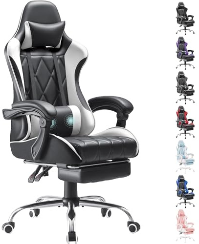 Homall Gaming Chair, Computer Chair with Footrest and Massage Lumbar Support, Ergonomic High Back Video Game Chair with Swivel Seat and Headrest (White)