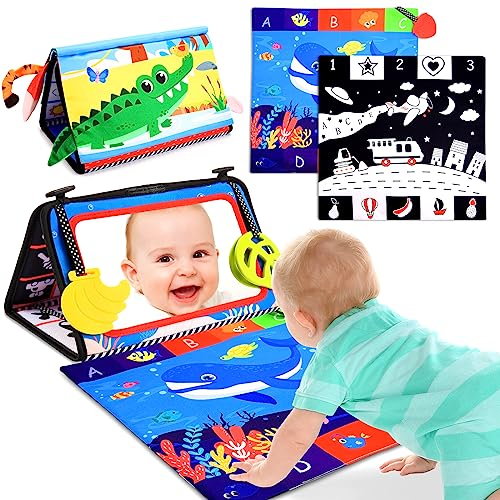 HappyKidsClub Baby Spiegel mit Knisterbuch, Baby Spielzeug 0-12 Monate Bauchlage Spielzeug Baby 1 2 Jahr Unkaputtbar Stoffbuch Baby Sensorik Montessori Spielzeug Baby Geschenk zur Geburt Junge Mädchen