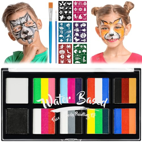 LOPHE Face Paint Kit, 30 färger Rainbow Body Paint för barn Vuxna, Säker & Giftfri vattenbaserad Split Cake Paint Paint Paint med 2 borstar 56 stenciler, Makeup Set för Halloween Christmas Cosplay