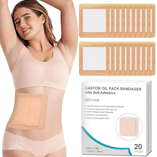 Hbaid 20 PCS Castor Oil Pack Wrap, Packs for Liver Detox Aid Sleep, Highly Absorbent Self-Adhesive Organic Cotton - UK Patent Protected No Wash Easy to Use Anti-Seepage (Oil Not Included)