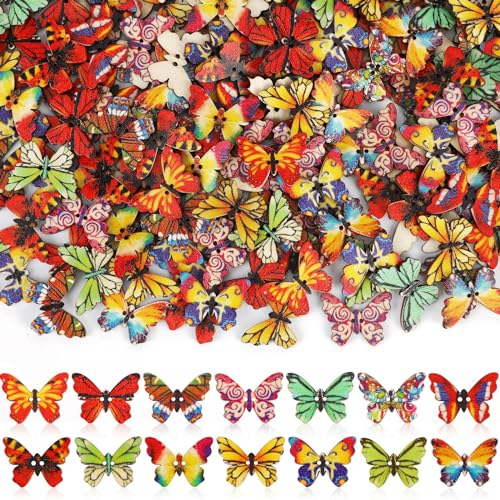 JUNEBRUSHS Schmetterling Holzknöpfe, 260 Stück Knöpfe Bunt 2 Löcher Gemischte Farben Holzknöpfe Vintage-Druck Holz-Nähknöpfe Schmetterling Dekorative für DIY Nähen Handwerk