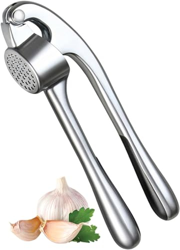 Delsen Knoblauchpresse mit Leicht zu Drückendem Griff,Knoblauchschneider Garlic Press,Knoblauchschneider mit Knoblauchschäler und Reinigungsbürste,Knoblauchpresse Edelstahl 17,5 cm