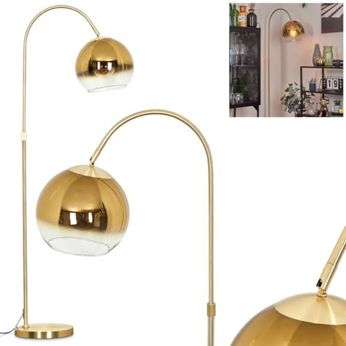 Golvlampa Koyoto, golvlampa av metall/glas i mässing/guld/klar, armatur i retro/vintage/industriell design med glasskärm (Ø 25 cm) och fotbrytare, höjd 140 cm, 1 x E27, utan glödlampa