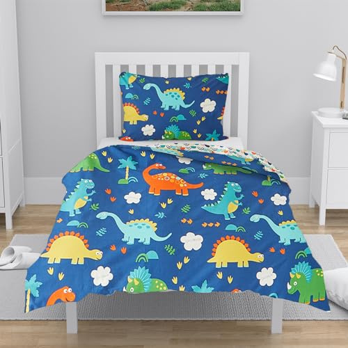 YASMENG - Funda nórdica infantil de 100 x 135 cm, diseño de dinosaurio, 100% algodón, reversible, ropa de cama de dibujos animados para niños y niños con cremallera y funda de almohada de 40 x 60 cm