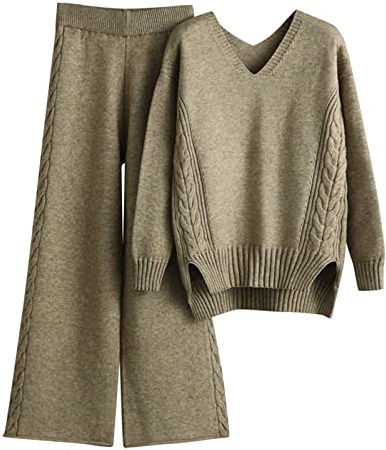 Conjunto de jersey para mujer elegante: set de ropa de estar por casa para otoño e invierno, set de dos piezas, jersey de cuello redondo de manga larga, acogedor, pantalón de pierna ancha