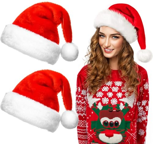 MXJFYY Gorros de Papa Noel, 2 Piezas Gorro Rojo de Santa Claus para Adultos, Sombrero Gorro de Navidad de Felpa Suave con Pompón para Navidad Decoración Año Nuevo Fiestas de Vacaciones (red-Adults)