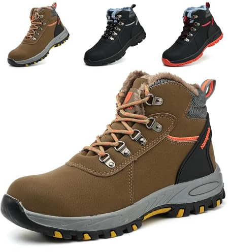Bawalon Chaussures de Sécurité Hiver Hommes Montante Imperméables Femmes Bottines de Sécurité Embout Acier Antidérapant Chaussures de Travail Marron 44 EU