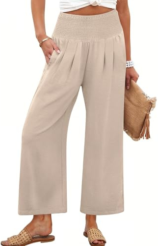 ANRABESS Womens Pants Wide Leg High Waisted Palazzo Pants Summer Flowy Beach Lounge Casual Trousers with Pockets Almond Large