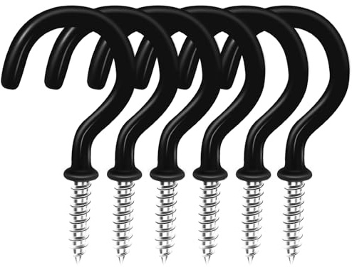 Bykonh 1-1/2 Black Vinyl Coated Screw-in Hooks, Ceiling Hooks Wall Hooks Hanging Hooks Kitchen Hooks Indoor Outdoor for Cups Decors Plants Utensils Lights Baskets Wreaths, 20 PCS