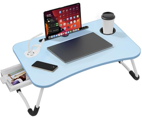 Warmiehomy Laptop Table with USB Ports, Foldable Laptop Bed Table, Laptop Desk with Cup Holder&Side Drawer&Small Fan&Small Lamp, Lap top Bed Tray with Legs for Working/Reading on Sofa, Blue
