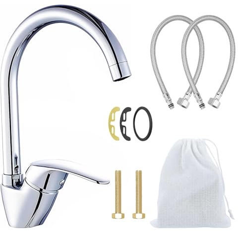 VOLTIX Rubinetto Lavello Cucina Girevole a 360°, Miscelatore Cucina ad Arco Alto, Miscelatore Monocomando per Lavello con Tubi Flessibili