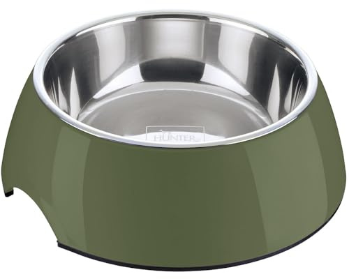 HUNTER ciotola in melamina, colore: kaki, con inserto in acciaio inox, antiscivolo, resistente ai graffi e agli urti, facile da pulire, adatta alla lavastoviglie, capacità: 350 ml