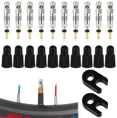 22 Pcs Presta Valve Core Repair Kit, 10 Valve Cores 10 Valve Caps 2 Plastic Buckles Brass Presta Valve Stem Adapter for MTB Bicycle Tires