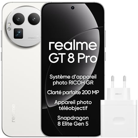 realme GT 8 Pro Smartphone 12GB+256GB, Système d’Appareil Photo RICOH GR, Clarté Parfaite 200 MP Appareil Photo téléobjectif, Snapdragon 8 Elite Gen 5, Batterie Titan de 7 000 mAh, Blanc