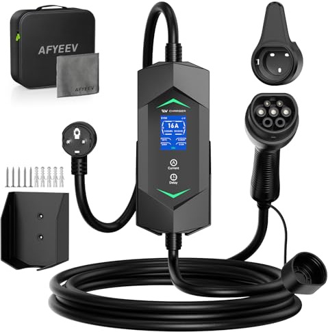 AFYEEV laddningskabel typ 2 Schuko 3,68 kW 5 m, 6–16 A 1-fas typ 2 laddkabel, bärbar EV-laddare med digital display, effektjustering och timer (0–15 h) för alla PHEV & EV IEC 62196-2